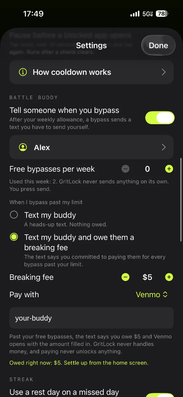 Battle Buddy settings: text my buddy, or text my buddy and owe them a $5 breaking fee paid on Venmo