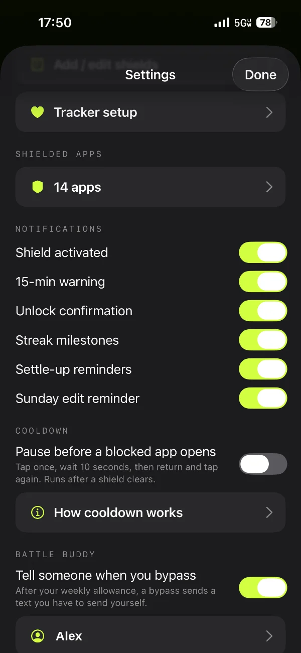Settings: notification toggles including settle-up reminders, cooldown, and Battle Buddy