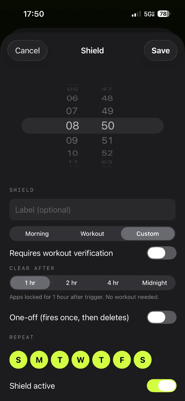 Shield editor: start time, morning, workout or custom type, clear after 1, 2 or 4 hours or midnight, and repeat days