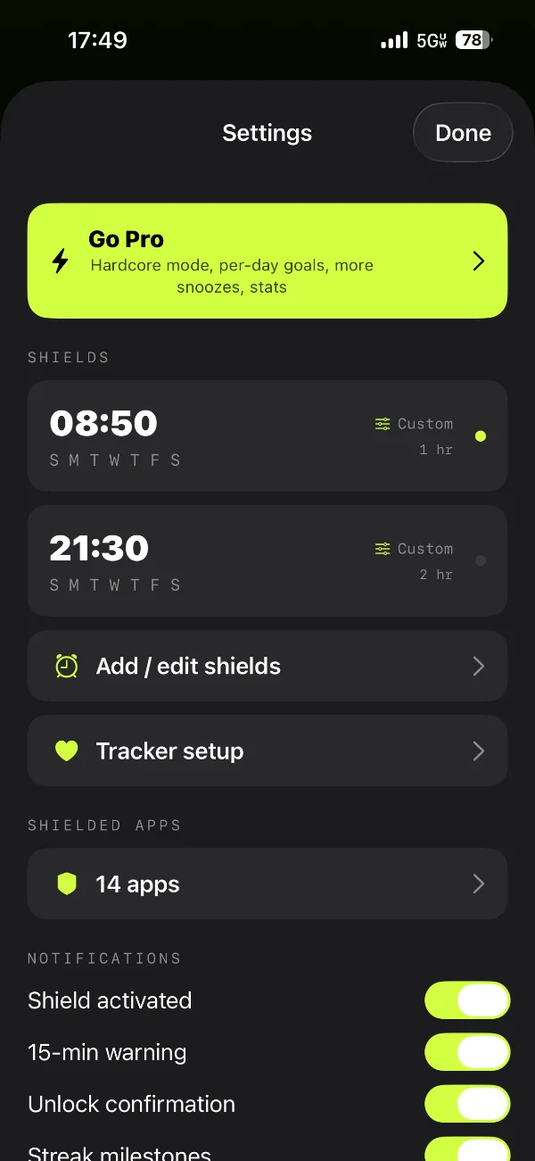 Settings showing two scheduled shields at 08:50 and 21:30 and 14 shielded apps